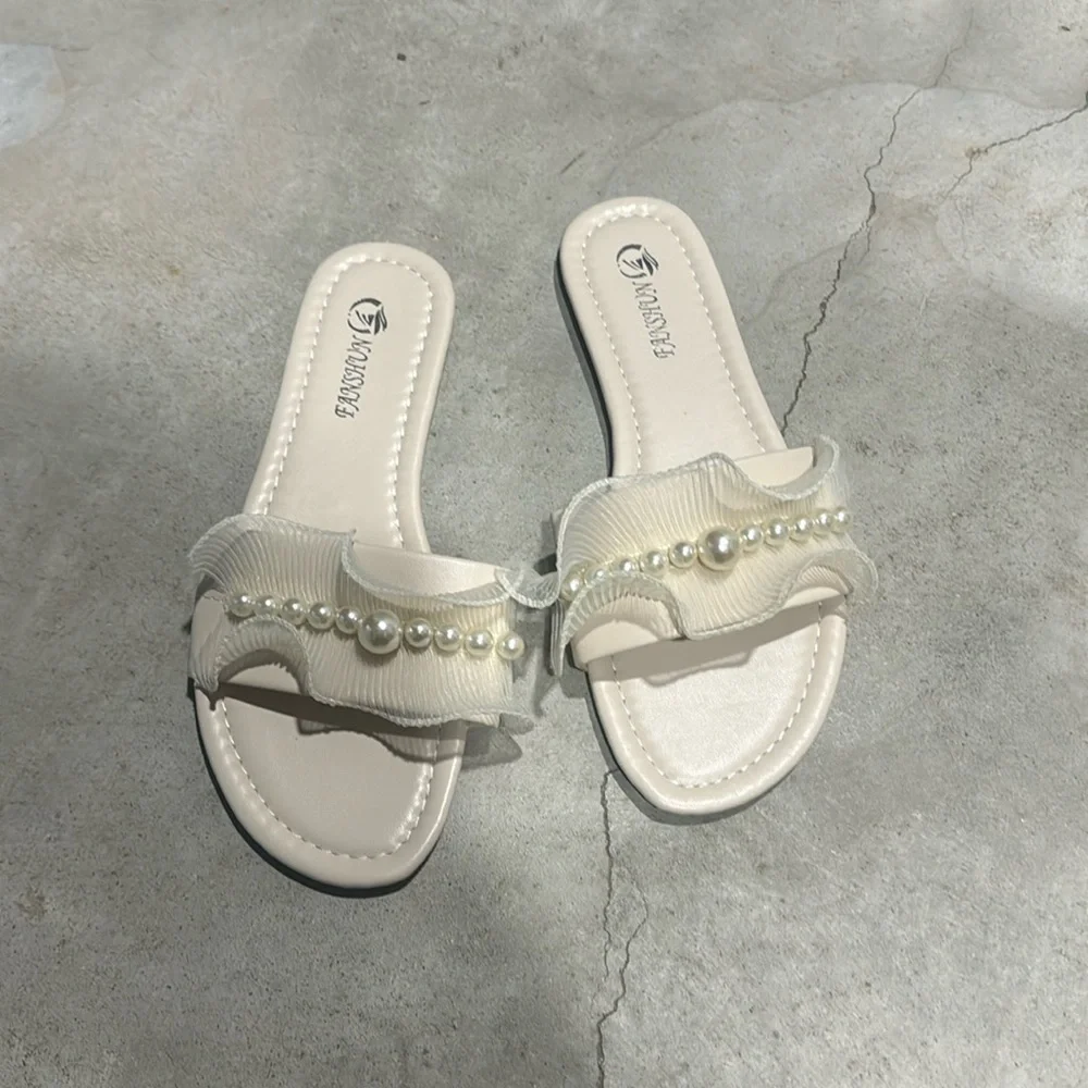 PEARLED DRESSY SLIDES/SANDALS - Picture 1 of 7